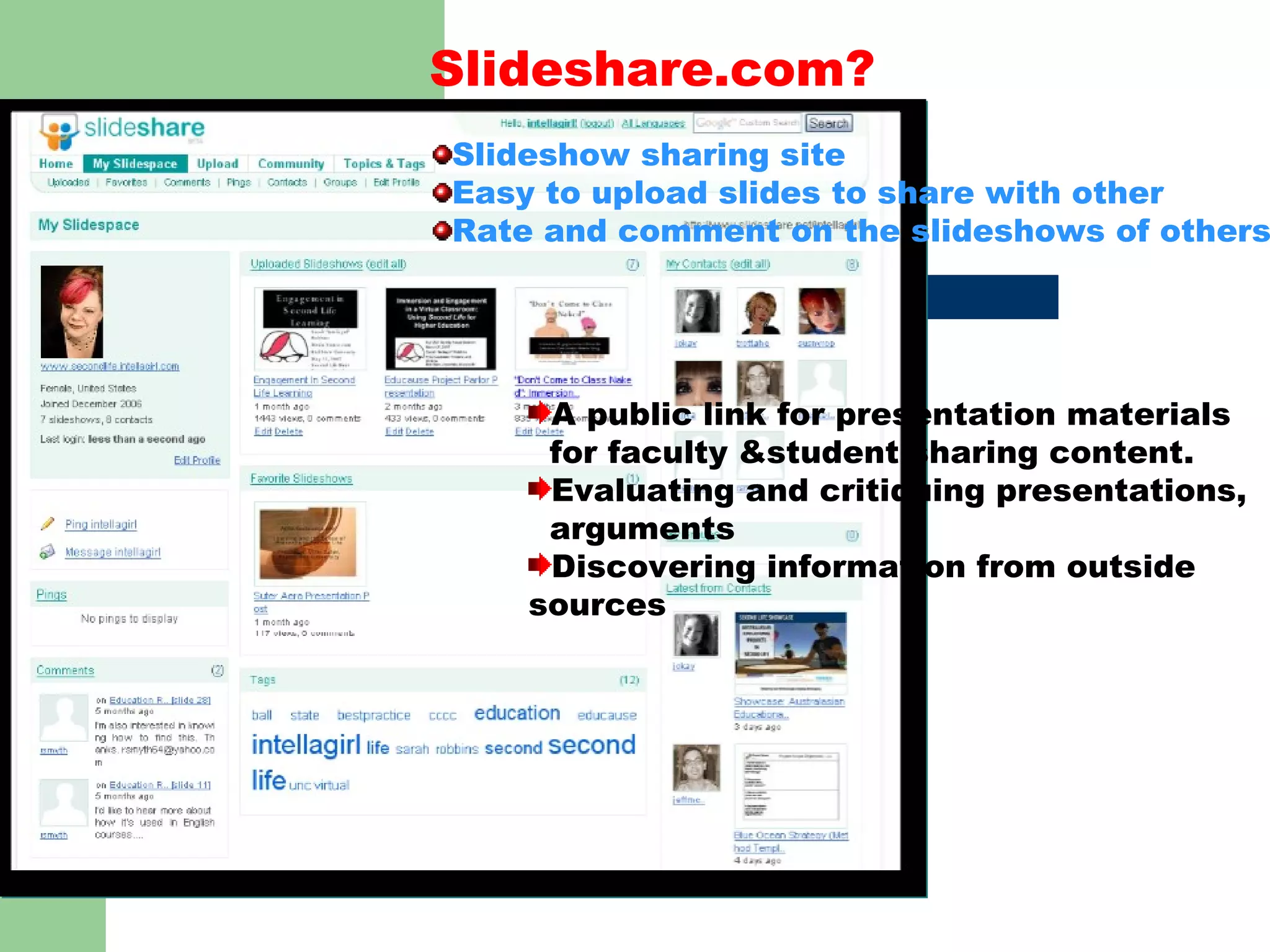 Slideshare.com? Slideshow sharing site Easy to upload slides to share with other Rate and comment on the slideshows of others A public link for presentation materials  for faculty &student sharing content. Evaluating and critiquing presentations,  arguments Discovering information from outside sources 