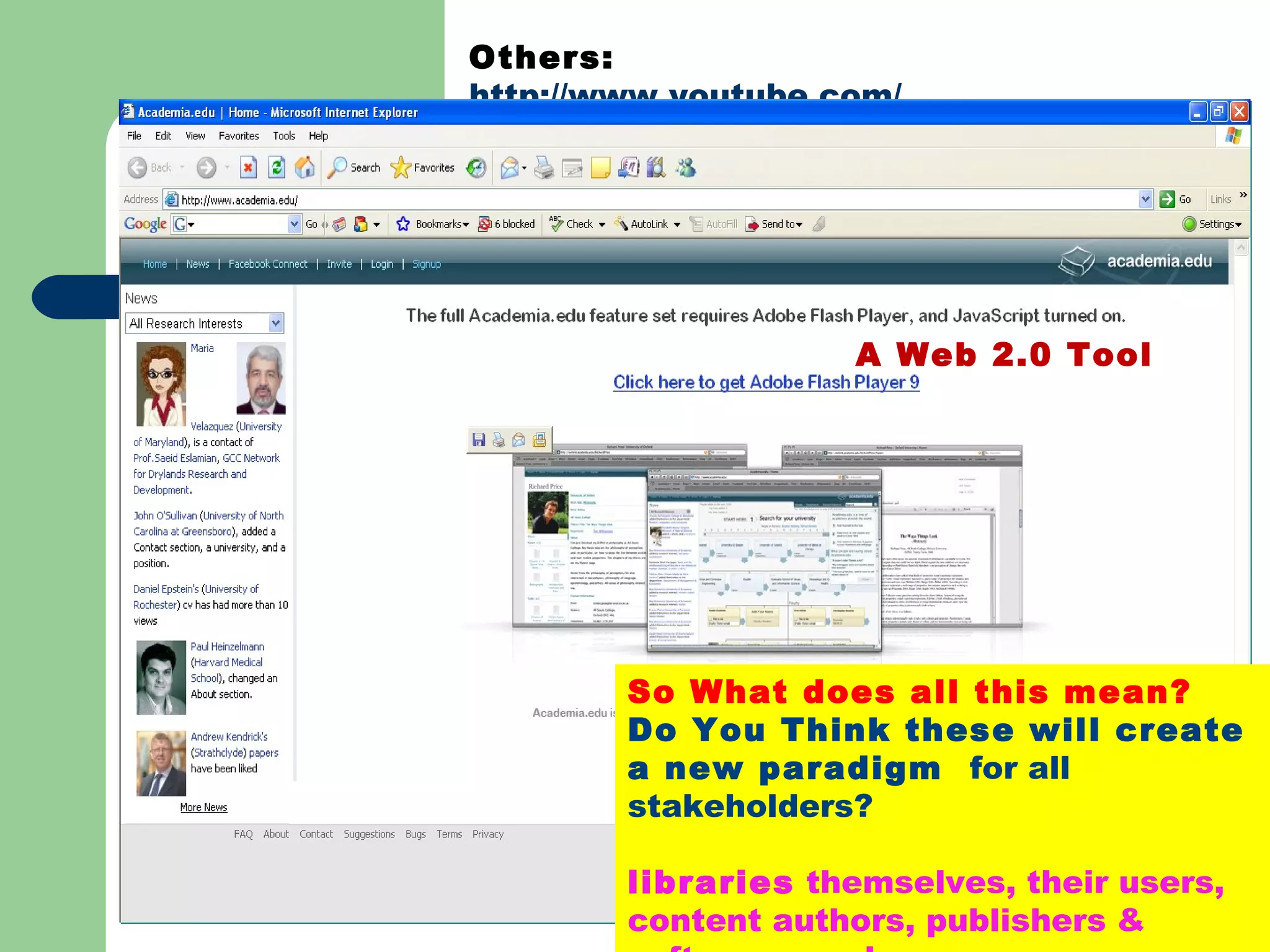 Others:  http://www.youtube.com/   YouTube  is a  video sharing  website where users can upload, view and share  video clips . A Web 2.0 Tool So What does all this mean? Do You Think these will create a new paradigm  for all stakeholders? libraries  themselves, their users, content authors, publishers & software vendors. 