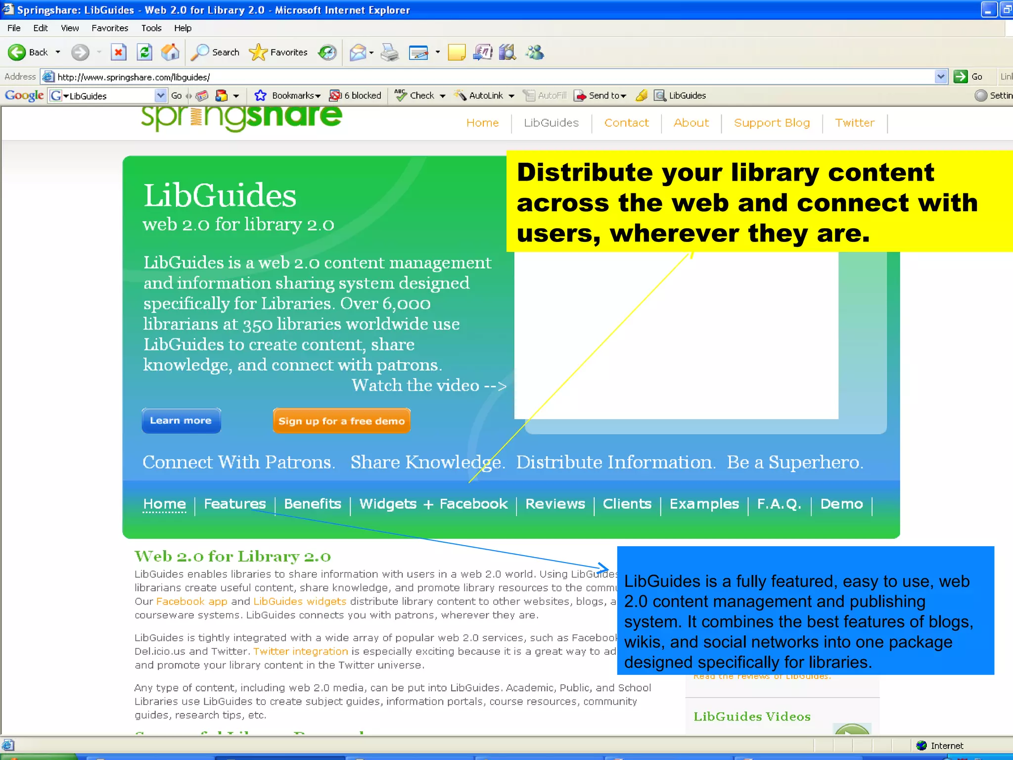 Distribute your library content across the web and connect with users, wherever they are. LibGuides is a fully featured, easy to use, web 2.0 content management and publishing system. It combines the best features of blogs, wikis, and social networks into one package designed specifically for libraries. 