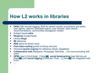 How L2 works in libraries OPAC 2.0 : records tagging, RSS for search results, acquisitions and alerts, user agents, openurl, federated search, user reviews, open search, recommendations, communities (Googlezon model) Subject based  wikis Bloglines  trusted feeds Library  blogs IM  reference RSS  alerts for library news Pod-video-casting  guides to library services Personal  search engines  for reference (Swiki, Gigablast) Collaborative web  (MySpace, Protopage, NetVibes…) for communicating with users OPML  [see  L2 ALA blog ],  [ Here  ]  social bookmarking  [see  Del.icio.us ], [Here  ] and  social   tagging  [ CiteULike ,  Flickr …] [ Here  ] for integration with VLEs  …  