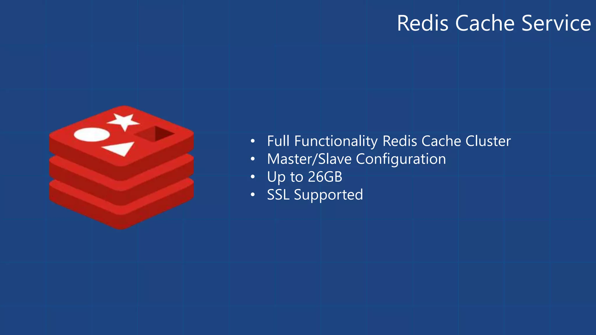 Redis Cache Service 
• Full Functionality Redis Cache Cluster 
• Master/Slave Configuration 
• Up to 26GB 
• SSL Supported 
 