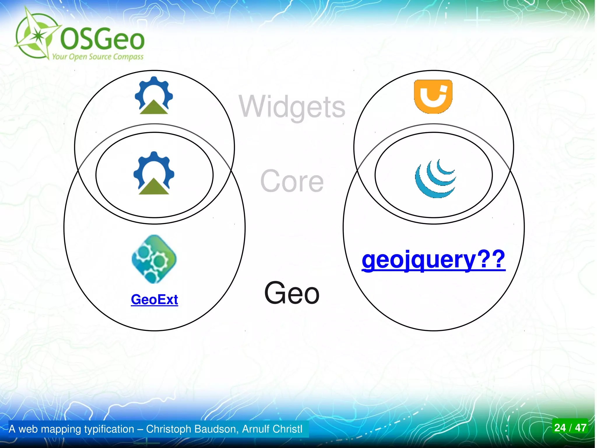 Widgets

                                                    Core

                                                                 geojquery??
                         GeoExt                      Geo



A web mapping typification – Christoph Baudson, Arnulf Christl                 24 / 47
 