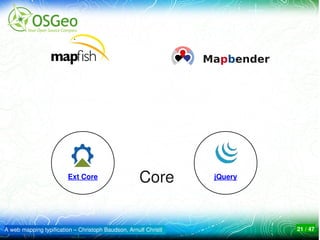 Mapbender




                        Ext Core                     Core         jQuery




A web mapping typification – Christoph Baudson, Arnulf Christl               21 / 47
 