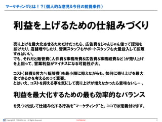 Copyright© TORAERU Inc. All Rights Reserved.
マーケティングとは！？（個人的な意見&今日の前提条件）
Confidential
利益を上げるための仕組みづくり
売り上げを最大化させるためだけだったら、広告費をじゃんじゃん使って認知を
拡げたり、店舗増やしたり、営業スタッフもサポートスタッフも大量投入して拡販
すればいい。
でも、それだと販管費（人件費&事務所費&広告費&事務経費など）が売り上げ
を上回って、営業利益がマイナスになる可能性が大。
コスト（経費&労力≒販管費）を最小限に抑えながらも、如何に売り上げを最大
化できるかを考えるのって重要。
とはいえ、コストを抑える事を気にして売り上げが増えなかったら意味ないし…。
利益を最大化するための最も効率的なバランス
を見つけ出して仕組み化する行為を“マーケティング”と、ココでは定義付けます。
4
 