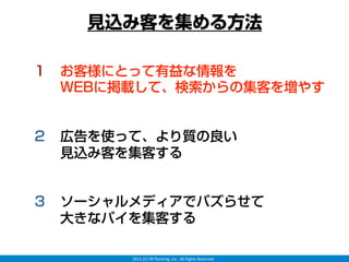 見込み客を集める方法

１ お客様にとって有益な情報を
  WEBに掲載して、検索からの集客を増やす


２ 広告を使って、より質の良い
  見込み客を集客する


３ ソーシャルメディアでバズらせて
  大きなパイを集客する

       2012 (C) YB Planning, Inc.  All Rights Reserved.
 