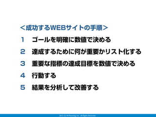 ＜成功するWEBサイトの手順＞
１ ゴールを明確に数値で決める
２ 達成するために何が重要かリスト化する
３ 重要な指標の達成目標を数値で決める
４ 行動する
５ 結果を分析して改善する



         2012 (C) YB Planning, Inc.  All Rights Reserved.
 