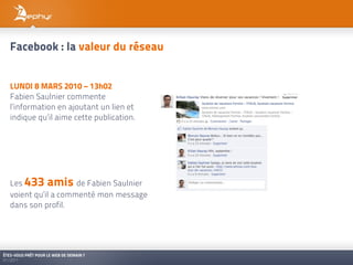 Facebook : la valeur du réseau


   LUNDI 8 MARS 2010 – 13h02
   Fabien Saulnier commente
   l’information en ajoutant un lien et
   indique qu’il aime cette publication.




   Les 433 amis de Fabien Saulnier
   voient qu’il a commenté mon message
   dans son profil.




ÊTES-VOUS PRÊT POUR LE WEB DE DEMAIN ?
01/2011
 