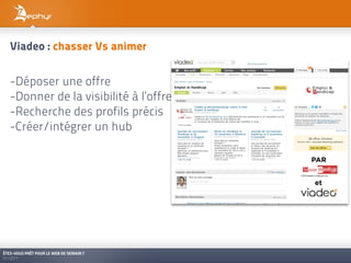 Viadeo : chasser Vs animer


   -Déposer une offre
   -Donner de la visibilité à l’offre
   -Recherche des profils précis
   -Créer/intégrer un hub




ÊTES-VOUS PRÊT POUR LE WEB DE DEMAIN ?
01/2011
 