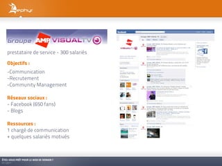 prestataire de service - 300 salariés

   Objectifs :
   -Communication
   -Recrutement
   -Community Management

   Réseaux sociaux :
   - Facebook (650 fans)
   - Blogs

   Ressources :
   1 chargé de communication
   + quelques salariés motivés



ÊTES-VOUS PRÊT POUR LE WEB DE DEMAIN ?
01/2011
 
