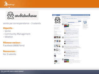 vente par correspondance - 3 salariés

   Objectifs :
   - Vente
   - Community Management
   - Idéation

   Réseaux sociaux :
   Facebook (6600 fans)

   Ressources :
   les 3 salariés




ÊTES-VOUS PRÊT POUR LE WEB DE DEMAIN ?
01/2011
 