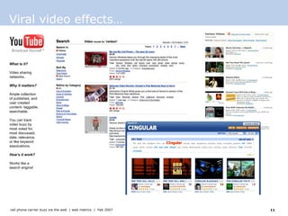Viral video effects… What is it? Video sharing networks.  Why it matters? Ample collection of published, and user created content- taggable, searchable. You can track video buzz by most voted for, most discussed, date, relevance, or like keyword assoications. How’s it work? Works like a search engine!  
