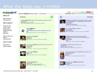 What the blogs say…t-mobile What is it? Blog context +/- summary tool  Why it matters? Gives you the voice of what people say in blogs regarding specific keywords. Also provides at a glance measurement. How’s it work? Works like a search engine!  