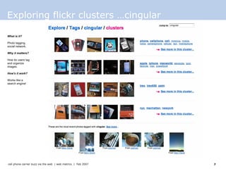 Exploring flickr clusters …cingular What is it? Photo tagging, social network.  Why it matters? How do users tag and organize images.  How’s it work? Works like a search engine!  