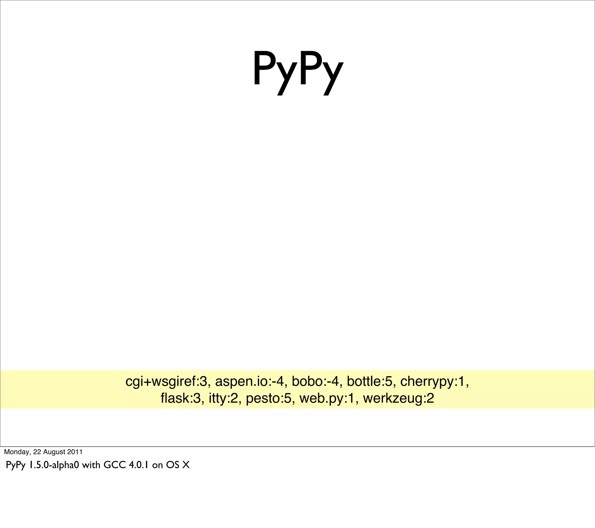 PyPy




                          cgi+wsgiref:3, aspen.io:-4, bobo:-4, bottle:5, cherrypy:1,
                               ﬂask:3, itty:2, pesto:5, web.py:1, werkzeug:2


Monday, 22 August 2011

PyPy 1.5.0-alpha0 with GCC 4.0.1 on OS X
 