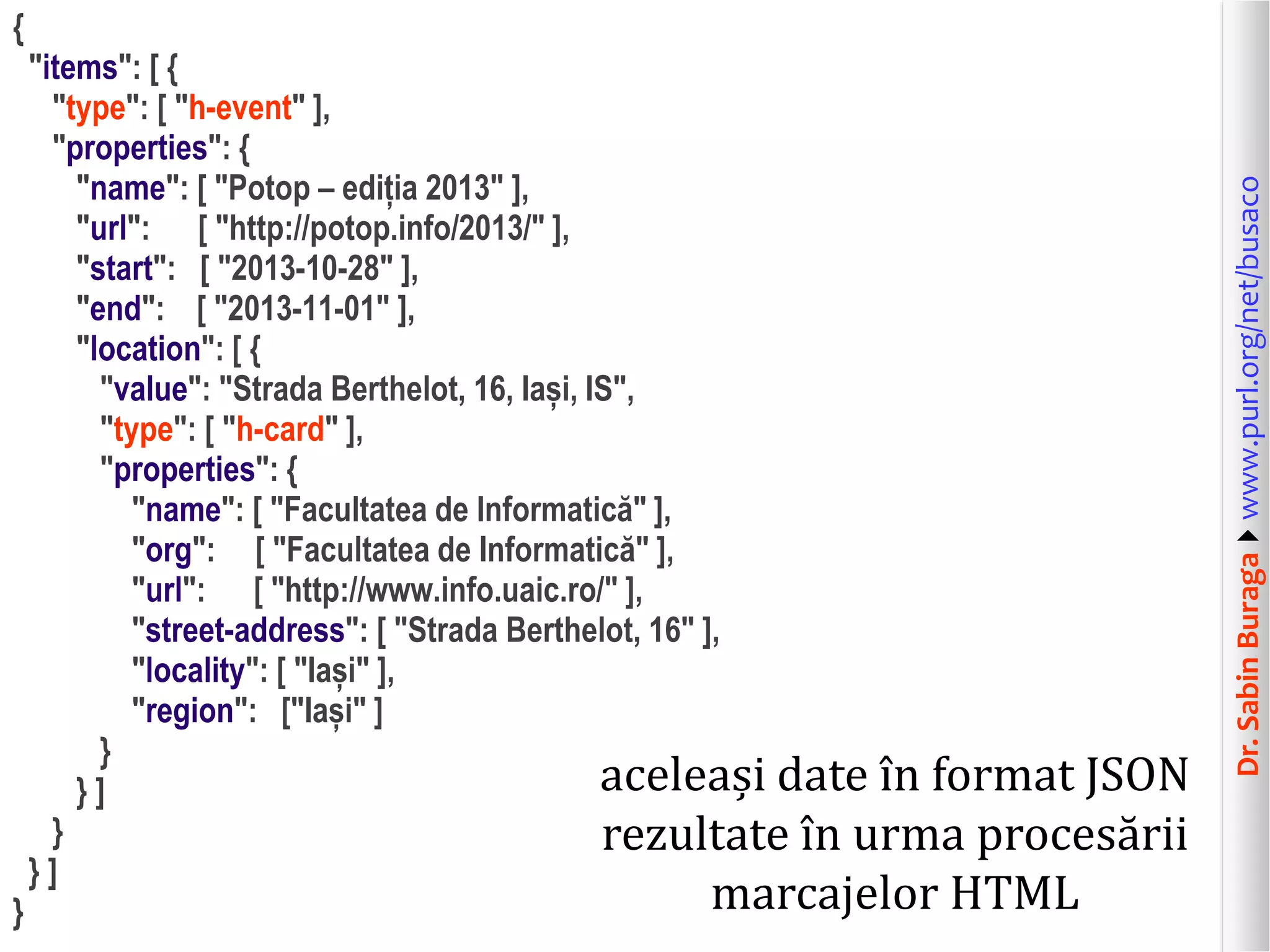 }

"items": [ {
"type": [ "h-event" ],
"properties": {
"name": [ "Potop – ediția 2013" ],
"url": [ "http://potop.info/2013/" ],
"start": [ "2013-10-28" ],
"end": [ "2013-11-01" ],
"location": [ {
"value": "Strada Berthelot, 16, Iași, IS",
"type": [ "h-card" ],
"properties": {
"name": [ "Facultatea de Informatică" ],
"org": [ "Facultatea de Informatică" ],
"url": [ "http://www.info.uaic.ro/" ],
"street-address": [ "Strada Berthelot, 16" ],
"locality": [ "Iași" ],
"region": ["Iași" ]
}
aceleași date în format JSON
}]
}
rezultate în urma procesării
}]

marcajelor HTML

Dr. Sabin Buragawww.purl.org/net/busaco

{

 