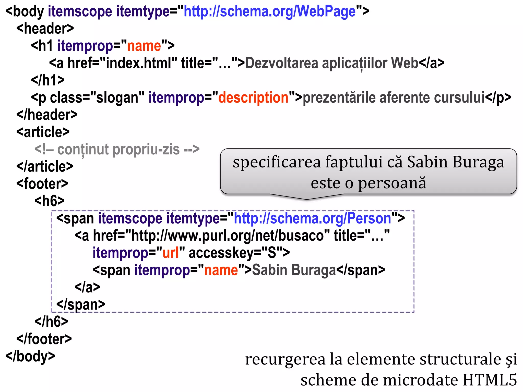 Dr. Sabin Buragawww.purl.org/net/busaco

<body itemscope itemtype="http://schema.org/WebPage">
<header>
<h1 itemprop="name">
<a href="index.html" title="…">Dezvoltarea aplicațiilor Web</a>
</h1>
<p class="slogan" itemprop="description">prezentările aferente cursului</p>
</header>
<article>
<!– conținut propriu-zis -->
specificarea faptului că Sabin Buraga
</article>
este o persoană
<footer>
<h6>
<span itemscope itemtype="http://schema.org/Person">
<a href="http://www.purl.org/net/busaco" title="…"
itemprop="url" accesskey="S">
<span itemprop="name">Sabin Buraga</span>
</a>
</span>
</h6>
</footer>
</body>
recurgerea la elemente structurale și

scheme de microdate HTML5

 
