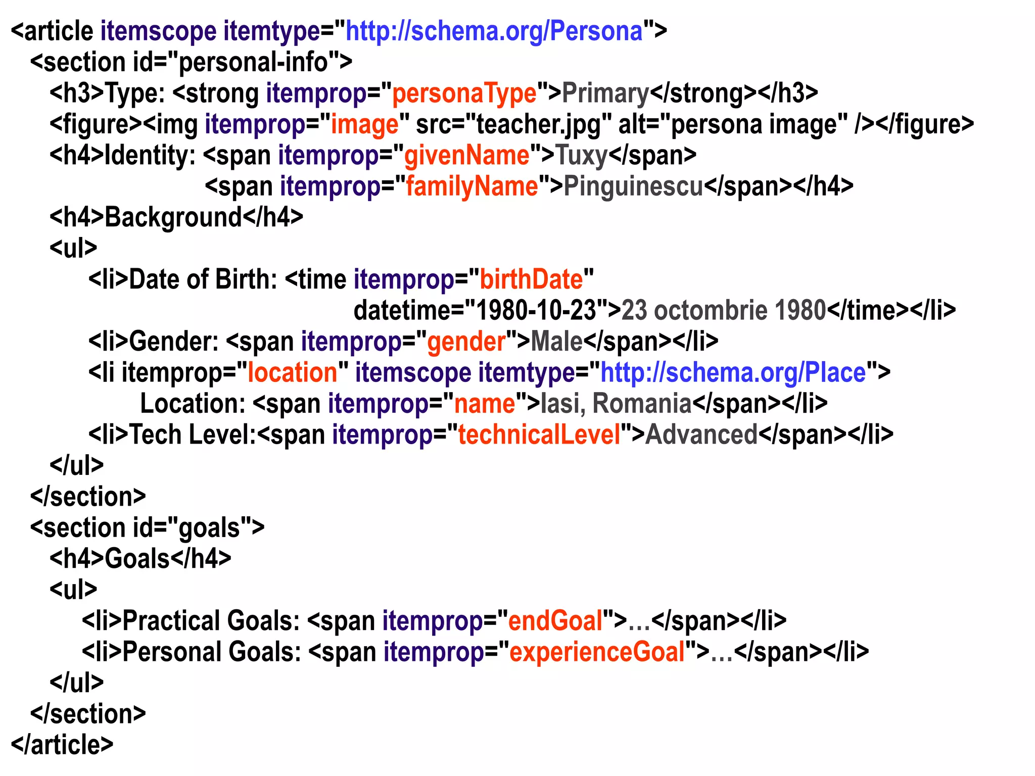 Dr. Sabin Buragawww.purl.org/net/busaco

<article itemscope itemtype="http://schema.org/Persona">
<section id="personal-info">
<h3>Type: <strong itemprop="personaType">Primary</strong></h3>
<figure><img itemprop="image" src="teacher.jpg" alt="persona image" /></figure>
<h4>Identity: <span itemprop="givenName">Tuxy</span>
<span itemprop="familyName">Pinguinescu</span></h4>
<h4>Background</h4>
<ul>
<li>Date of Birth: <time itemprop="birthDate"
datetime="1980-10-23">23 octombrie 1980</time></li>
<li>Gender: <span itemprop="gender">Male</span></li>
<li itemprop="location" itemscope itemtype="http://schema.org/Place">
Location: <span itemprop="name">Iasi, Romania</span></li>
<li>Tech Level:<span itemprop="technicalLevel">Advanced</span></li>
</ul>
</section>
<section id="goals">
<h4>Goals</h4>
<ul>
<li>Practical Goals: <span itemprop="endGoal">…</span></li>
<li>Personal Goals: <span itemprop="experienceGoal">…</span></li>
</ul>
</section>
</article>

 