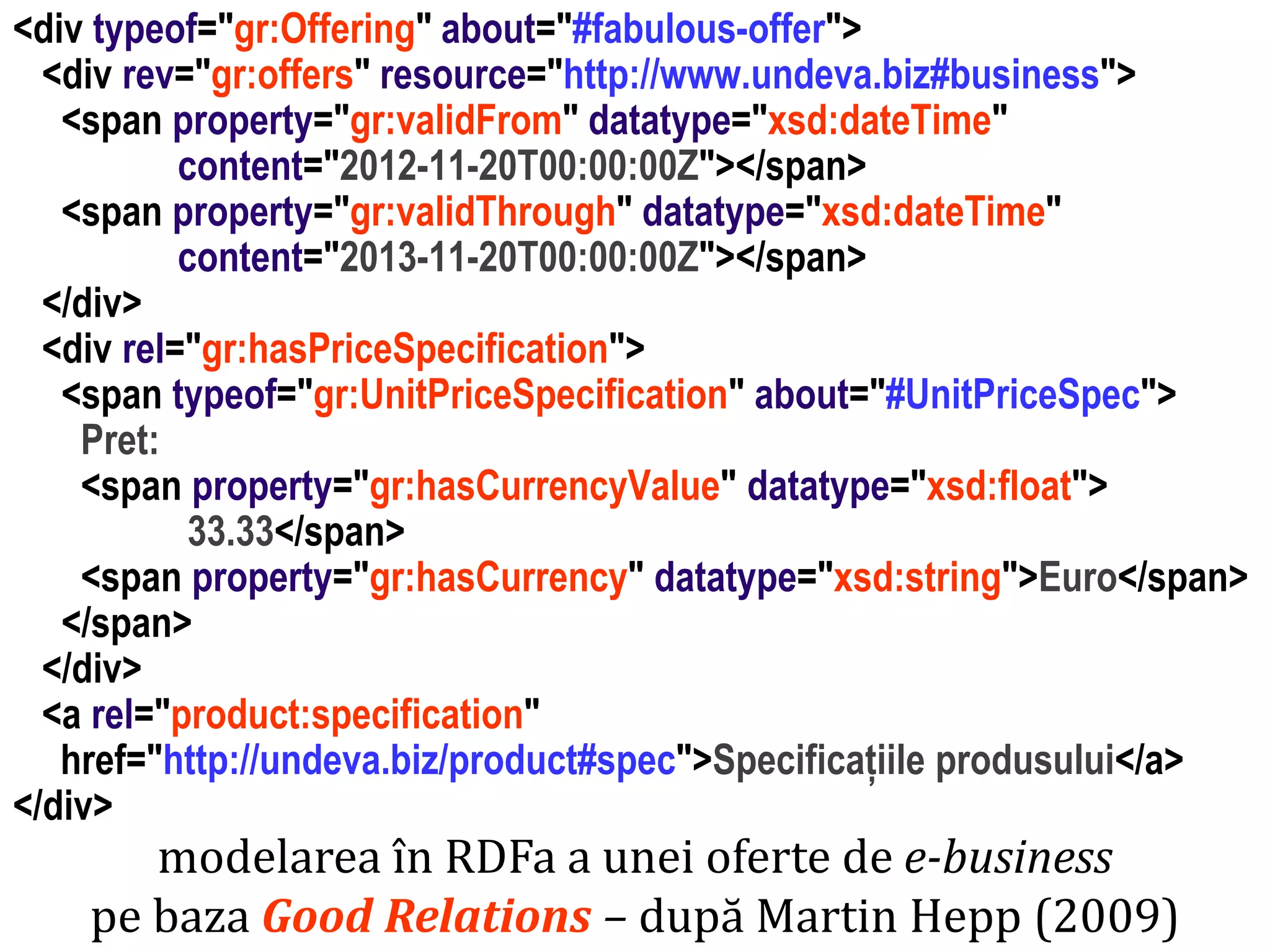 Dr. Sabin Buragawww.purl.org/net/busaco

<div typeof="gr:Offering" about="#fabulous-offer">
<div rev="gr:offers" resource="http://www.undeva.biz#business">
<span property="gr:validFrom" datatype="xsd:dateTime"
content="2012-11-20T00:00:00Z"></span>
<span property="gr:validThrough" datatype="xsd:dateTime"
content="2013-11-20T00:00:00Z"></span>
</div>
<div rel="gr:hasPriceSpecification">
<span typeof="gr:UnitPriceSpecification" about="#UnitPriceSpec">
Pret:
<span property="gr:hasCurrencyValue" datatype="xsd:float">
33.33</span>
<span property="gr:hasCurrency" datatype="xsd:string">Euro</span>
</span>
</div>
<a rel="product:specification"
href="http://undeva.biz/product#spec">Specificațiile produsului</a>
</div>

modelarea în RDFa a unei oferte de e-business
pe baza Good Relations – după Martin Hepp (2009)

 