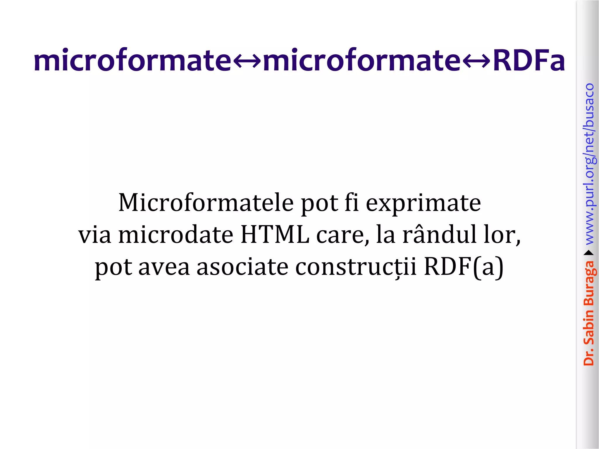 Microformatele pot fi exprimate
via microdate HTML care, la rândul lor,
pot avea asociate construcții RDF(a)

Dr. Sabin Buragawww.purl.org/net/busaco

microformate↔microformate↔RDFa

 