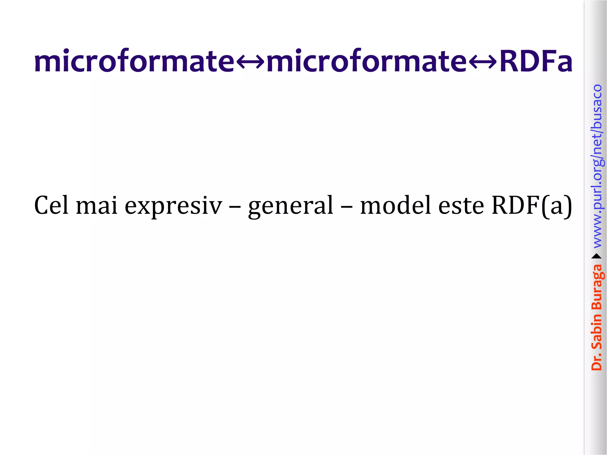 Cel mai expresiv – general – model este RDF(a)

Dr. Sabin Buragawww.purl.org/net/busaco

microformate↔microformate↔RDFa

 