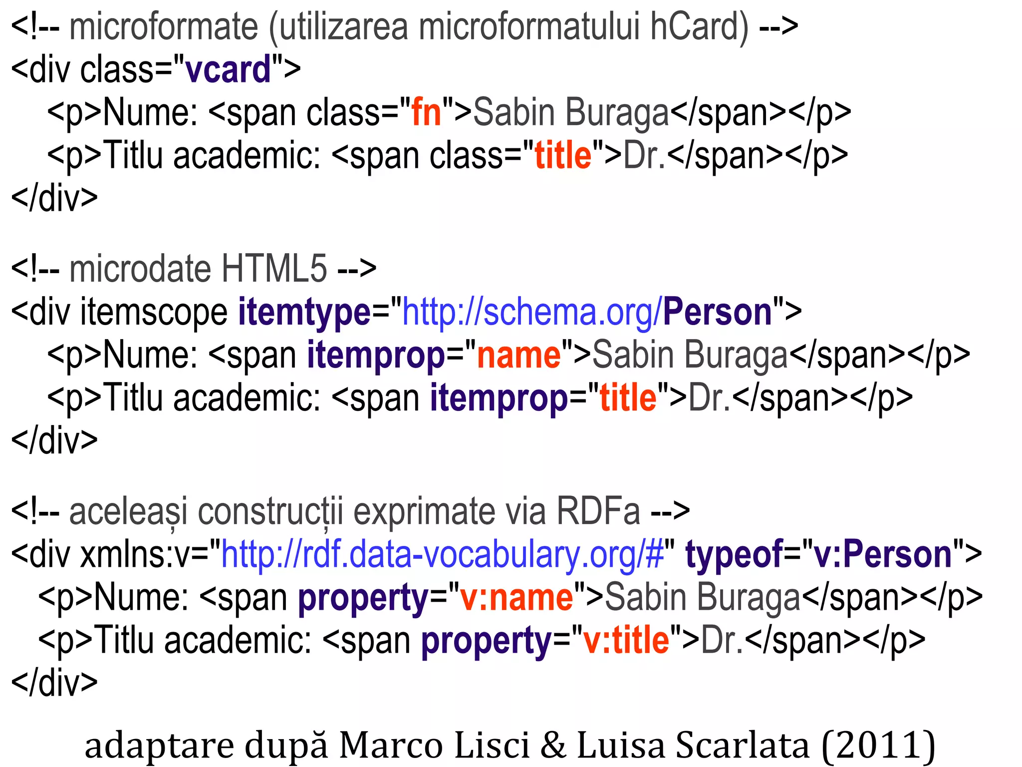 <!-- microdate HTML5 -->
<div itemscope itemtype="http://schema.org/Person">
<p>Nume: <span itemprop="name">Sabin Buraga</span></p>
<p>Titlu academic: <span itemprop="title">Dr.</span></p>
</div>
<!-- aceleași construcții exprimate via RDFa -->
<div xmlns:v="http://rdf.data-vocabulary.org/#" typeof="v:Person">
<p>Nume: <span property="v:name">Sabin Buraga</span></p>
<p>Titlu academic: <span property="v:title">Dr.</span></p>
</div>
adaptare după Marco Lisci & Luisa Scarlata (2011)

Dr. Sabin Buragawww.purl.org/net/busaco

<!-- microformate (utilizarea microformatului hCard) -->
<div class="vcard">
<p>Nume: <span class="fn">Sabin Buraga</span></p>
<p>Titlu academic: <span class="title">Dr.</span></p>
</div>

 