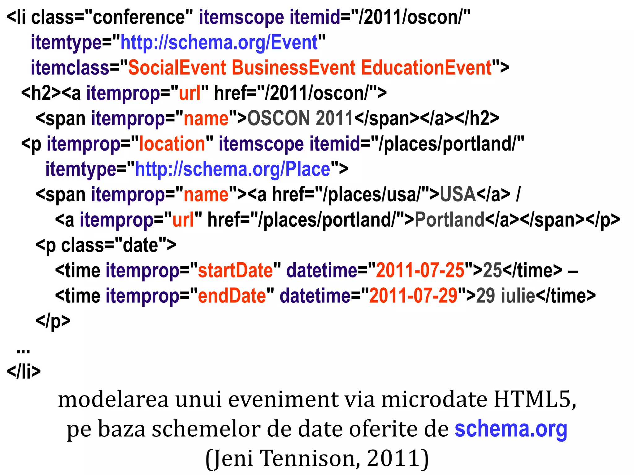 modelarea unui eveniment via microdate HTML5,
pe baza schemelor de date oferite de schema.org
(Jeni Tennison, 2011)

Dr. Sabin Buragawww.purl.org/net/busaco

<li class="conference" itemscope itemid="/2011/oscon/"
itemtype="http://schema.org/Event"
itemclass="SocialEvent BusinessEvent EducationEvent">
<h2><a itemprop="url" href="/2011/oscon/">
<span itemprop="name">OSCON 2011</span></a></h2>
<p itemprop="location" itemscope itemid="/places/portland/"
itemtype="http://schema.org/Place">
<span itemprop="name"><a href="/places/usa/">USA</a> /
<a itemprop="url" href="/places/portland/">Portland</a></span></p>
<p class="date">
<time itemprop="startDate" datetime="2011-07-25">25</time> –
<time itemprop="endDate" datetime="2011-07-29">29 iulie</time>
</p>
...
</li>

 