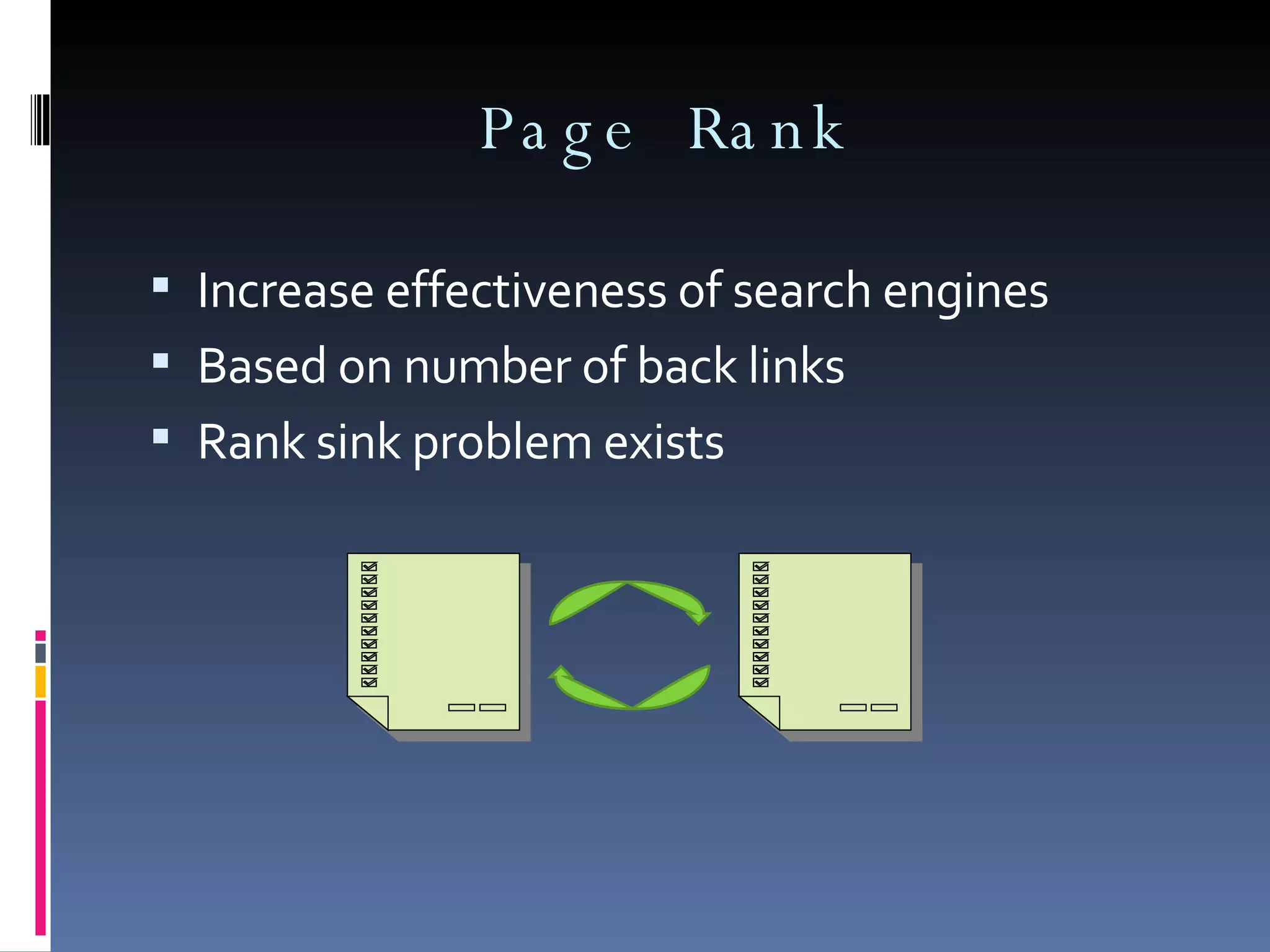 Page Rank Increase effectiveness of search engines Based on number of back links Rank sink problem exists 