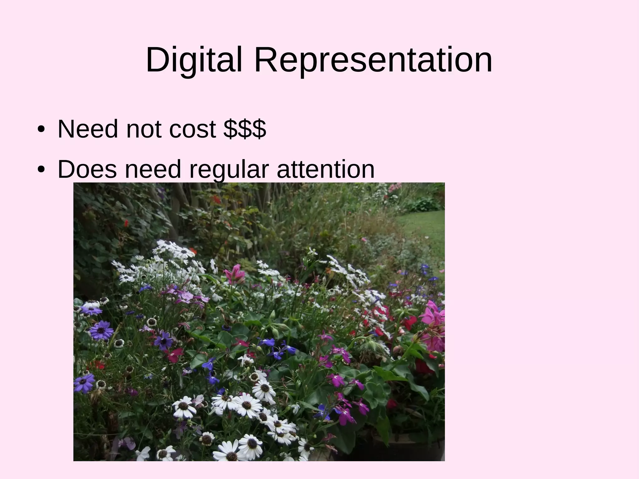Digital Representation
● Need not cost $$$
● Does need regular attention
 