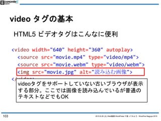 2015.8.29 (土) Web動画 WordPress で使ってみよう - WordFes Nagoya 2015
video タグの基本
HTML5 ビデオタグはこんなに便利
103
<video width="640" height="...