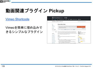 2015.8.29 (土) Web動画 WordPress で使ってみよう - WordFes Nagoya 2015
動画関連プラグイン Pickup
Vimeo Shortcode
Vimeoを簡単に埋め込みで
きるシンプルなプラグイン
1...