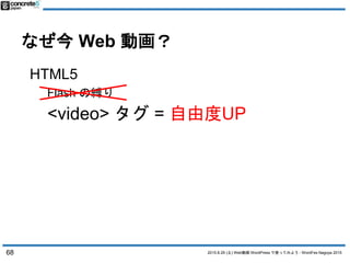 2015.8.29 (土) Web動画 WordPress で使ってみよう - WordFes Nagoya 2015
なぜ今 Web 動画？
68
HTML5
Flash の縛り
<video> タグ = 自由度UP
 