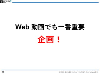 2015.8.29 (土) Web動画 WordPress で使ってみよう - WordFes Nagoya 2015
Web 動画でも一番重要
企画！
83
 
