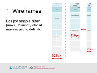 1.  Wireframes Dos por rango a cubrir (uno al mínimo y otro al  máximo ancho definido) 