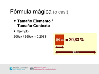 Fórmula mágica  (o casi) Tamaño Elemento / Tamaño Contexto Ejemplo: 200px / 960px = 0,2083 