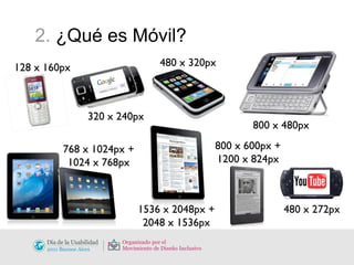 2.  ¿Qué es Móvil? 128 x 160px 320 x 240px 480 x 320px 800 x 480px 768 x 1024px + 1024 x 768px 1536 x 2048px + 2048 x 1536px 800 x 600px + 1200 x 824px 480 x 272px 