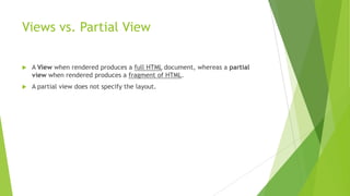 Views vs. Partial View

   A View when rendered produces a full HTML document, whereas a partial
    view when rendered produces a fragment of HTML.
   A partial view does not specify the layout.
 