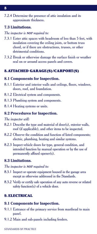 8

7.2.4 Determine the presence of attic insulation and its
      approximate thickness.
7.3 Limitations.
The inspector is NOT required to:
7.3.1 Enter attic spaces with headroom of less than 5 feet, with
      insulation covering the ceiling joists, or bottom truss
      chord, or if there are obstructions, trusses, or other
      detrimental conditions.
7.3.2 Break or otherwise damage the surface finish or weather
      seal on or around access panels and covers.

8.ATTACHED GARAGE(S)/CARPORT(S)

8.1 Components for Inspection.
8.1.1 Exterior and interior walls and ceilings, floors, windows,
      doors, roof, and foundation.
8.1.2 Electrical system and components.
8.1.3 Plumbing system and components.
8.1.4 Heating systems or units.
8.2 Procedures for Inspection.
The inspector will:
8.2.1 Describe the type and material of door(s), exterior walls,
      roof (if applicable), and other items to be inspected.
8.2.2 Observe the condition and function of listed components;
      electric, plumbing, heating and similar systems.
8.2.3 Inspect vehicle doors for type, general condition, and
      intended function by manual operation or by the use of
      permanently affixed opener(s).
8.3 Limitations.
The inspector is NOT required to:
8.3.1 Inspect or operate equipment housed in the garage area
      except as otherwise addressed in the Standards.
8.3.2 Verify or certify safe operation of any auto reverse or related
      safety function(s) of a vehicle door.

9. ELECTRICAL

9.1 Components for Inspection.
9.1.1 Entrance of the primary service from masthead to main
      panel.
9.1.2 Main and sub-panels including feeders.

STANDARDS OF PRACTICE
 