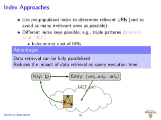 Index Approaches
Use pre-populated index to determine relevant URIs (and to
avoid as many irrelevant ones as possible)
Diﬀerent index keys possible; e.g., triple patterns [Umbrich
et al., 2011]
Index entries a set of URIs
Indexed URIs may appear multiple times (i.e., associated with
multiple index keys)
Each URI in such an entry may be paired with a cardinality
(utilized for source ranking)
Key: tp Entry: {uri1, uri2, , urin}
GET urii
Advantages
Data retrieval can be fully parallelized
Reduces the impact of data retrieval on query execution time
48ICDCS’17/2017-06-07
 