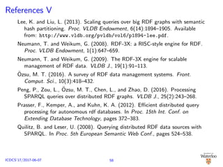 References V
Lee, K. and Liu, L. (2013). Scaling queries over big RDF graphs with semantic
hash partitioning. Proc. VLDB Endowment, 6(14):1894–1905. Available
from: http://www.vldb.org/pvldb/vol6/p1894-lee.pdf.
Neumann, T. and Weikum, G. (2008). RDF-3X: a RISC-style engine for RDF.
Proc. VLDB Endowment, 1(1):647–659.
Neumann, T. and Weikum, G. (2009). The RDF-3X engine for scalable
management of RDF data. VLDB J., 19(1):91–113.
¨Ozsu, M. T. (2016). A survey of RDF data management systems. Front.
Comput. Sci., 10(3):418–432.
Peng, P., Zou, L., ¨Ozsu, M. T., Chen, L., and Zhao, D. (2016). Processing
SPARQL queries over distributed RDF graphs. VLDB J., 25(2):243–268.
Prasser, F., Kemper, A., and Kuhn, K. A. (2012). Eﬃcient distributed query
processing for autonomous rdf databases. In Proc. 15th Int. Conf. on
Extending Database Technology, pages 372–383.
Quilitz, B. and Leser, U. (2008). Querying distributed RDF data sources with
SPARQL. In Proc. 5th European Semantic Web Conf., pages 524–538.
58ICDCS’17/2017-06-07
 