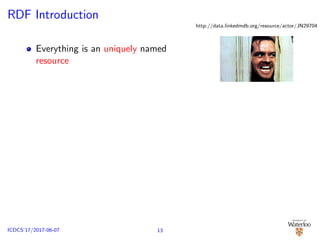 RDF Introduction
Everything is an uniquely named
resource
http://data.linkedmdb.org/resource/actor/JN29704
13ICDCS’17/2017-06-07
 