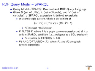 RDF Query Model – SPARQL
Query Model - SPARQL Protocol and RDF Query Language
Given U (set of URIs), L (set of literals), and V (set of
variables), a SPARQL expression is deﬁned recursively:
an atomic triple pattern, which is an element of
(U ∪ V ) × (U ∪ V ) × (U ∪ V ∪ L)
?x rdfs:label “The Shining”
P FILTER R, where P is a graph pattern expression and R is a
built-in SPARQL condition (i.e., analogous to a SQL predicate)
?x rev:rating ?p FILTER(?p > 3.0)
P1 AND/OPT/UNION P2, where P1 and P2 are graph
pattern expressions
19ICDCS’17/2017-06-07
 
