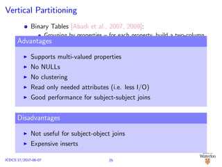 Vertical Partitioning
Binary Tables [Abadi et al., 2007, 2009]:
Grouping by properties – for each property, build a two-column
table, containing both subject and object, ordered by subjects
n two column tables (n is the number of unique properties in
the data)
Advantages
Supports multi-valued properties
No NULLs
No clustering
Read only needed attributes (i.e. less I/O)
Good performance for subject-subject joins
Disadvantages
Not useful for subject-object joins
Expensive inserts
25ICDCS’17/2017-06-07
 