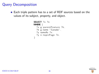 Query Decomposition
Each triple pattern has to a set of RDF sources based on the
values of its subject, property, and object.
SELECT ?x ?n
WHERE {
?x g : parentFeature ?k .
?k g : name ”Canada” .
?y sameAs ?x .
?y n : topicPage ?n .
}
38ICDCS’17/2017-06-07
 