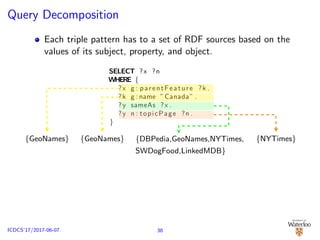 Query Decomposition
Each triple pattern has to a set of RDF sources based on the
values of its subject, property, and object.
SELECT ?x ?n
WHERE {
?x g : parentFeature ?k .
?k g : name ”Canada” .
?y sameAs ?x .
?y n : topicPage ?n .
}
{GeoNames} {GeoNames} {DBPedia,GeoNames,NYTimes,
SWDogFood,LinkedMDB}
{NYTimes}
38ICDCS’17/2017-06-07
 