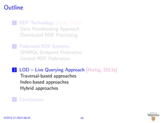 Outline
1 RDF Technology [¨Ozsu, 2016]
Data Warehousing Approach
Distributed RDF Processing
2 Federated RDF Systems
SPARQL Endpoint Federation
General RDF Federation
3 LOD – Live Querying Approach [Hartig, 2013a]
Traversal-based approaches
Index-based approaches
Hybrid approaches
4 Conclusions
43ICDCS’17/2017-06-07
 