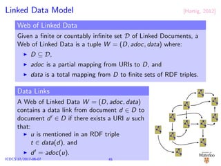 Linked Data Model [Hartig, 2012]
Web of Linked Data
Given a ﬁnite or countably inﬁnite set D of Linked Documents, a
Web of Linked Data is a tuple W = (D, adoc, data) where:
D ⊆ D,
adoc is a partial mapping from URIs to D, and
data is a total mapping from D to ﬁnite sets of RDF triples.
Data Links
A Web of Linked Data W = (D, adoc, data)
contains a data link from document d ∈ D to
document d ∈ D if there exists a URI u such
that:
u is mentioned in an RDF triple
t ∈ data(d), and
d = adoc(u).
45ICDCS’17/2017-06-07
 