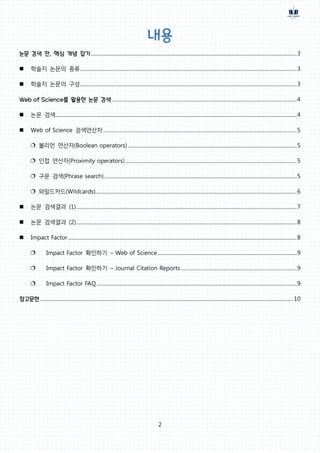 2
내용
논문 검색 전, 핵심 개념 잡기................................................................................................................................................................3
 학술지 논문의 종류........................................................................................................................................................................3
 학술지 논문의 구성........................................................................................................................................................................3
Web of Science를 활용한 논문 검색 ...............................................................................................................................................4
 논문 검색...........................................................................................................................................................................................4
 Web of Science 검색연산자......................................................................................................................................................5
 불리언 연산자(Boolean operators)...................................................................................................................................5
 인접 연산자(Proximity operators).....................................................................................................................................5
 구문 검색(Phrase search) .....................................................................................................................................................5
 와일드카드(Wildcards)............................................................................................................................................................6
 논문 검색결과 (1)...........................................................................................................................................................................7
 논문 검색결과 (2)...........................................................................................................................................................................8
 Impact Factor .................................................................................................................................................................................8
 Impact Factor 확인하기 – Web of Science............................................................................................................9
 Impact Factor 확인하기 – Journal Citation Reports..........................................................................................9
 Impact Factor FAQ ...........................................................................................................................................................9
참고문헌.................................................................................................................................................................................................... 10
 