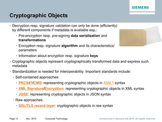 Unrestricted © Siemens AG 2015. All rights reservedPage 12 Nov. 2015 Corporate Technology
Cryptographic Objects
• Decryption resp. signature validation can only be done (efficiently)
by different components if metadata is available esp.:
• Pre-encryption resp. pre-signing data serialization and
transformations
• Encryption resp. signature algorithm and its characteristics/
parameters
• Information about encryption resp. signature keys
• Cryptographic objects represent cryptographically transformed data and express such
metadata
• Standardization is needed for interoperability. Important standards include:
• Self-contained approaches:
• PKCS#7/CMS: representing cryptographic objects in ASN.1 syntax
• XML Signature/Encryption: representing cryptographic objects in XML syntax
• JOSE: representing cryptographic objects in JSON syntax
• Raw approaches:
• SSL/TLS record layer: cryptographic objects in raw syntax
 