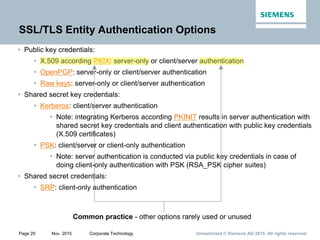 Unrestricted © Siemens AG 2015. All rights reservedPage 29 Nov. 2015 Corporate Technology
SSL/TLS Entity Authentication Options
• Public key credentials:
• X.509 according PKIX: server-only or client/server authentication
• OpenPGP: server-only or client/server authentication
• Raw keys: server-only or client/server authentication
• Shared secret key credentials:
• Kerberos: client/server authentication
• Note: integrating Kerberos according PKINIT results in server authentication with
shared secret key credentials and client authentication with public key credentials
(X.509 certificates)
• PSK: client/server or client-only authentication
• Note: server authentication is conducted via public key credentials in case of
doing client-only authentication with PSK (RSA_PSK cipher suites)
• Shared secret credentials:
• SRP: client-only authentication
Common practice - other options rarely used or unused
 