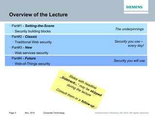 Unrestricted © Siemens AG 2015. All rights reservedPage 3 Nov. 2015 Corporate Technology
Security you use –
every day!
Security you will use
The underpinnings
Overview of the Lecture
• Part#1 - Setting-the-Scene
• Security building blocks
• Part#2 - Classic
• Traditional Web security
• Part#3 - New
• Web services security
• Part#4 - Future
• Web-of-Things security
 